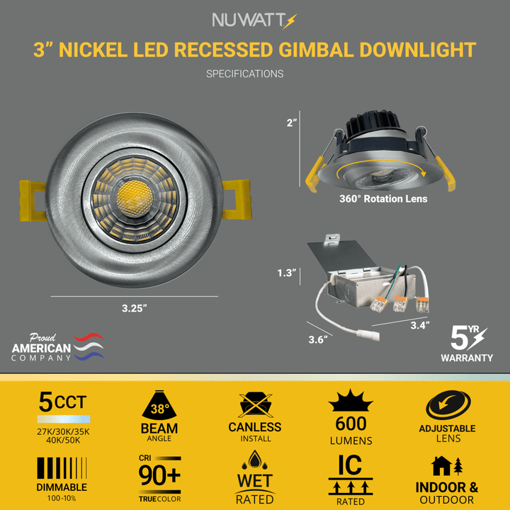 3" Inch Brushed Nickel Gimbal Recessed Light for Sloped Ceiling Canless LED Lighting - Wet Rated - 5CCT 2700K-5000K - 600LM