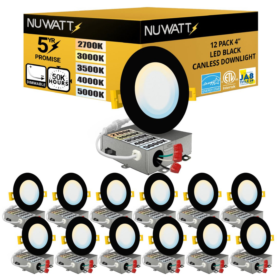 4" Inch Black Canless Recessed Lighting LED Wafer Lights - Wet Rated - 5CCT 2700K-5000K - 630LM