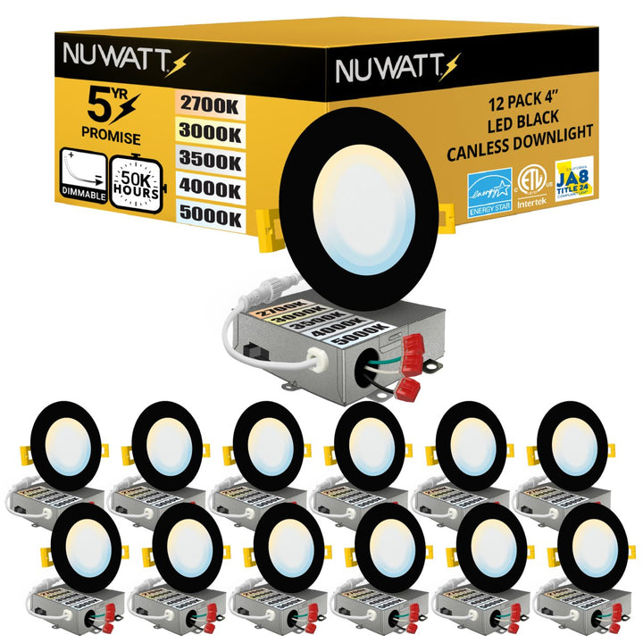 4" Inch Black Canless Recessed Lighting LED Wafer Lights - Wet Rated - 5CCT 2700K-5000K - 630LM