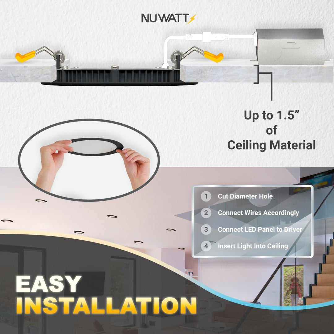 4" Inch Black Canless Recessed Lighting LED Wafer Lights - Wet Rated - 5CCT 2700K-5000K - 630LM
