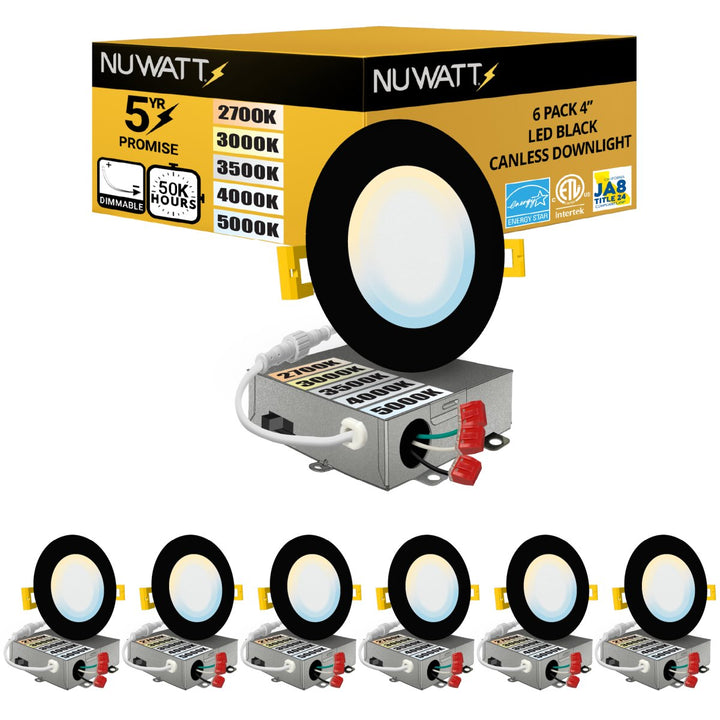 4" Inch Black Canless Recessed Lighting LED Wafer Lights - Wet Rated - 5CCT 2700K-5000K - 630LM