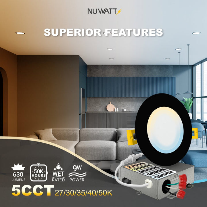 4" Inch Black Canless Recessed Lighting LED Wafer Lights - Wet Rated - 5CCT 2700K-5000K - 630LM