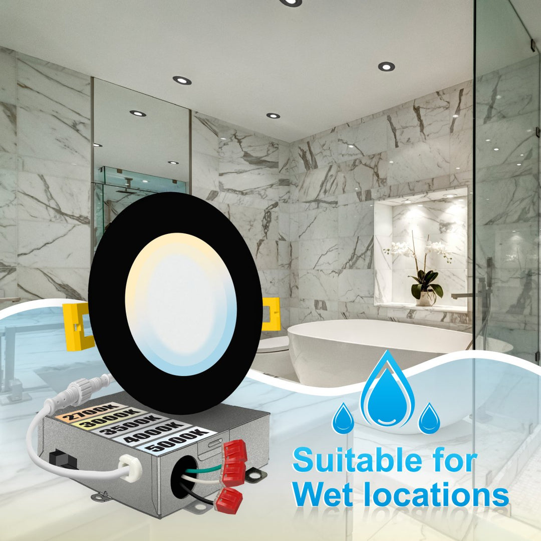 4" Inch Black Canless Recessed Lighting LED Wafer Lights - Wet Rated - 5CCT 2700K-5000K - 630LM