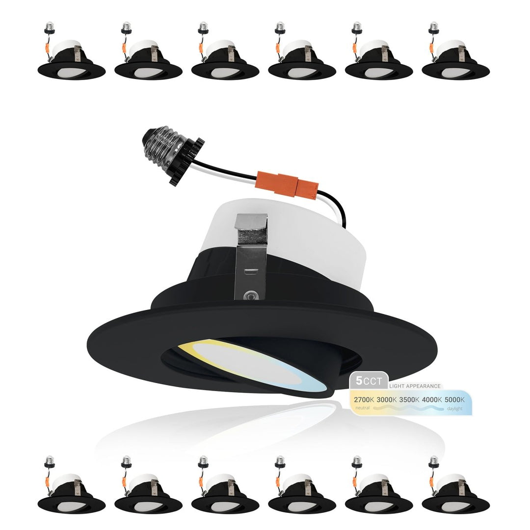 4 Inch LED Gimbal Recessed Lighting for Sloped Ceilings - 5CCT 2700-5000K - 750LM - 90 CRI Adjustable Can Lights - 10W - Wet Location Rated Aluminum Housing