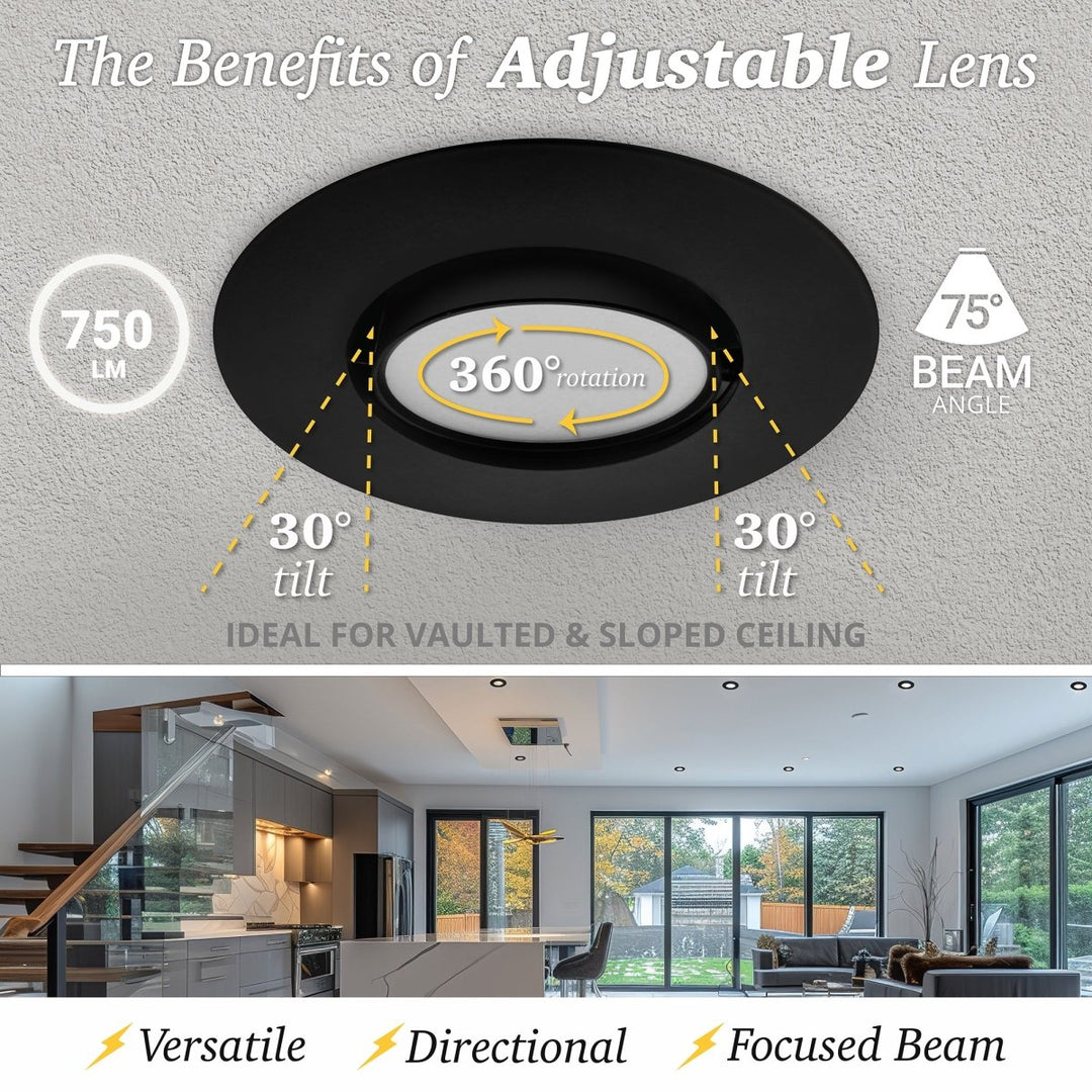 4 Inch LED Gimbal Recessed Lighting for Sloped Ceilings - 5CCT 2700-5000K - 750LM - 90 CRI Adjustable Can Lights - 10W - Wet Location Rated Aluminum Housing