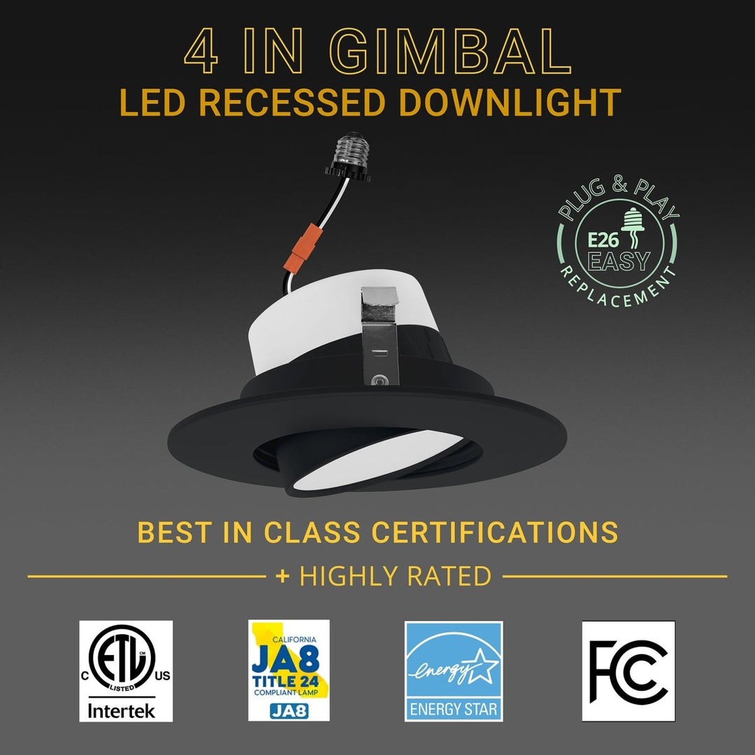 4 Inch LED Gimbal Recessed Lighting for Sloped Ceilings - 5CCT 2700-5000K - 750LM - 90 CRI Adjustable Can Lights - 10W - Wet Location Rated Aluminum Housing