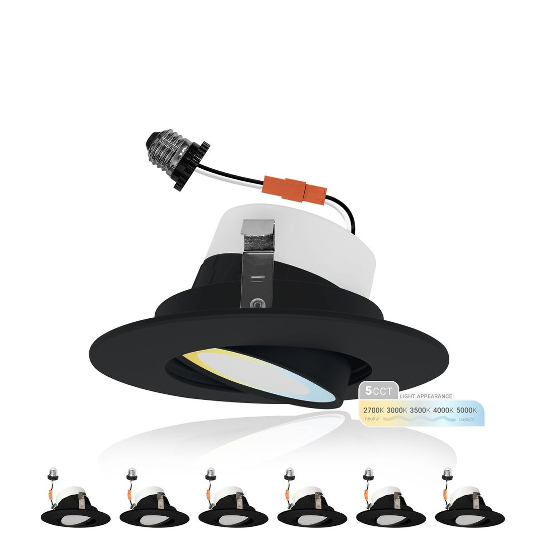 4 Inch LED Gimbal Recessed Lighting for Sloped Ceilings - 5CCT 2700-5000K - 750LM - 90 CRI Adjustable Can Lights - 10W - Wet Location Rated Aluminum Housing