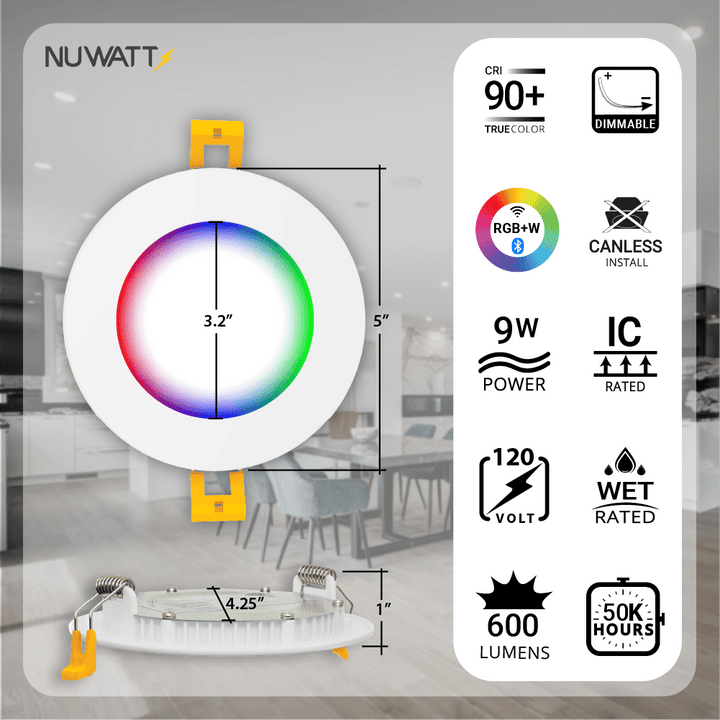 4" Inch Smart Downlights RGBW Color Changing Recessed Lights Canless LED - Wet Rated - 600LM
