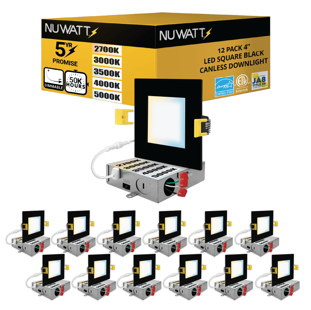 4" Inch Square Black Canless Recessed Lighting Slim LED Wafer Lights - Wet Rated - 5CCT 2700K-5000K - 630LM