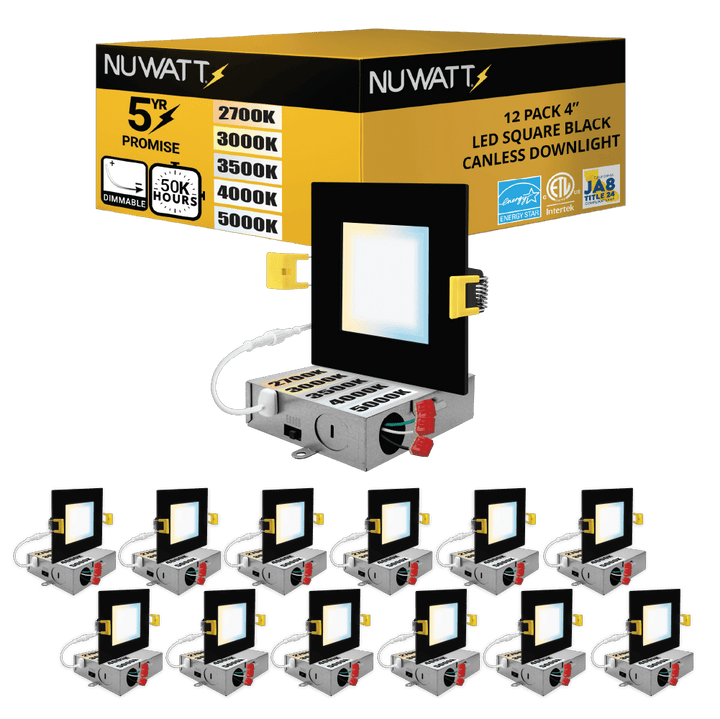 4" Inch Square Black Canless Recessed Lighting Slim LED Wafer Lights - Wet Rated - 5CCT 2700K-5000K - 630LM