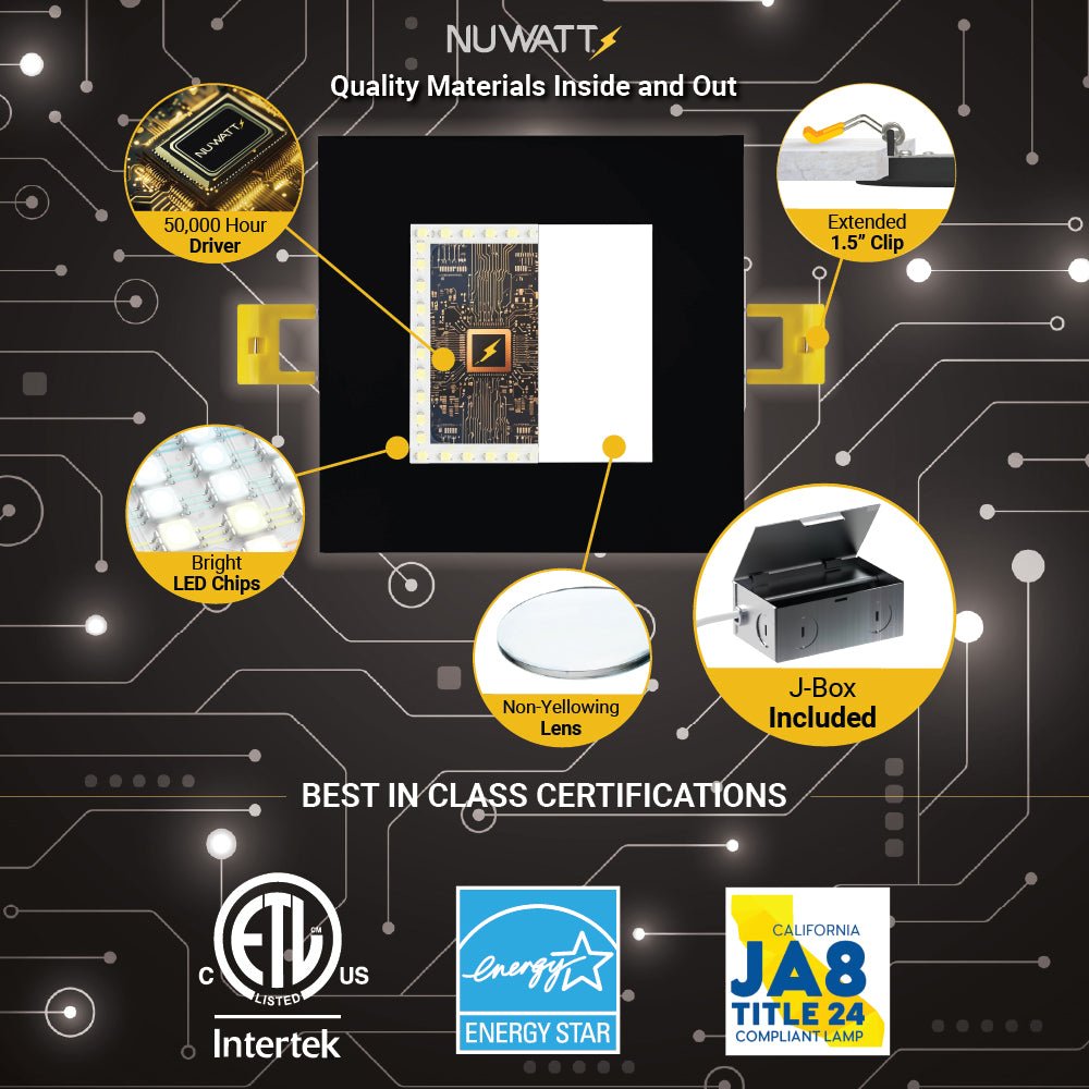 4" Inch Square Black Canless Recessed Lighting Slim LED Wafer Lights - Wet Rated - 5CCT 2700K-5000K - 630LM