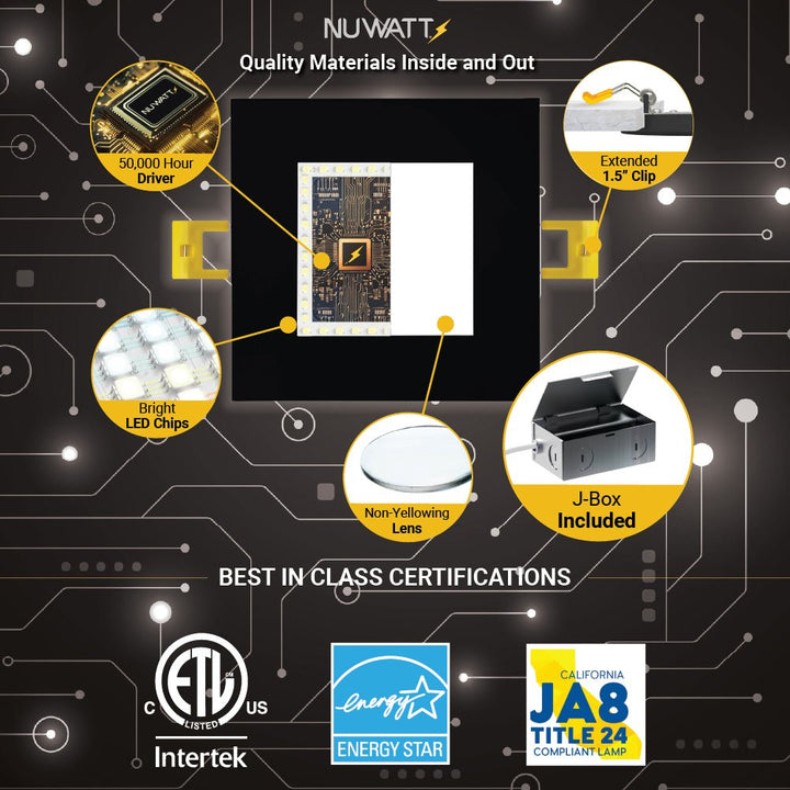 4" Inch Square Black Canless Recessed Lighting Slim LED Wafer Lights - Wet Rated - 5CCT 2700K-5000K - 630LM