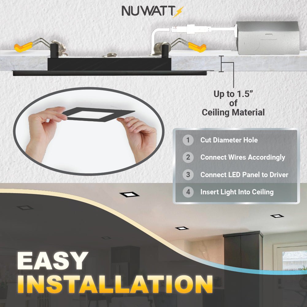 4" Inch Square Black Canless Recessed Lighting Slim LED Wafer Lights - Wet Rated - 5CCT 2700K-5000K - 630LM
