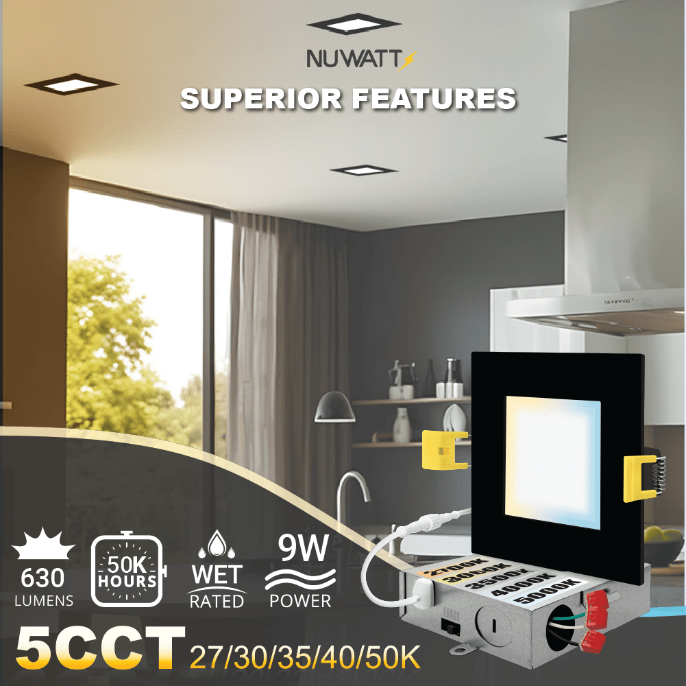 4" Inch Square Black Canless Recessed Lighting Slim LED Wafer Lights - Wet Rated - 5CCT 2700K-5000K - 630LM