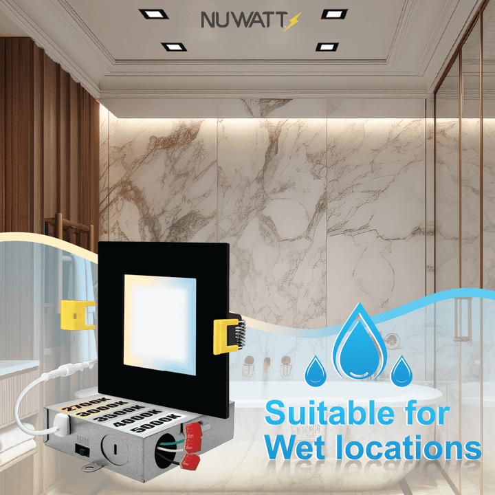 4" Inch Square Black Canless Recessed Lighting Slim LED Wafer Lights - Wet Rated - 5CCT 2700K-5000K - 630LM