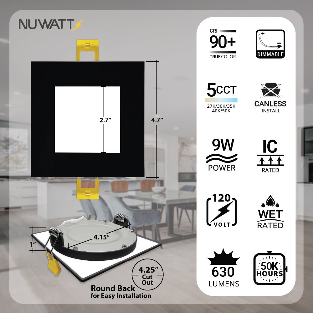 4" Inch Square Black Canless Recessed Lighting Slim LED Wafer Lights - Wet Rated - 5CCT 2700K-5000K - 630LM
