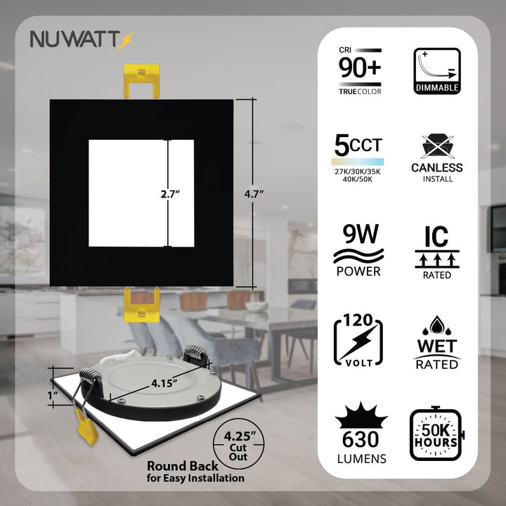 4" Inch Square Black Canless Recessed Lighting Slim LED Wafer Lights - Wet Rated - 5CCT 2700K-5000K - 630LM