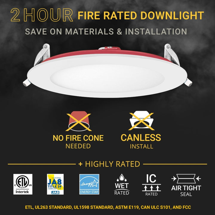 6" Inch 2 Hour Fire Rated Recessed Light Slim Canless LED Wafer Lights - Wet Rated - 5CCT 2700K-5000K - 1200LM