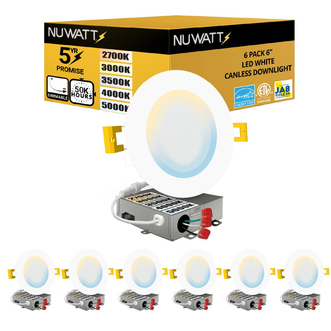 6" Inch Canless Recessed Lighting Slim LED Wafer Lights - Wet Rated - 5CCT 2700K-5000K - 1050LM