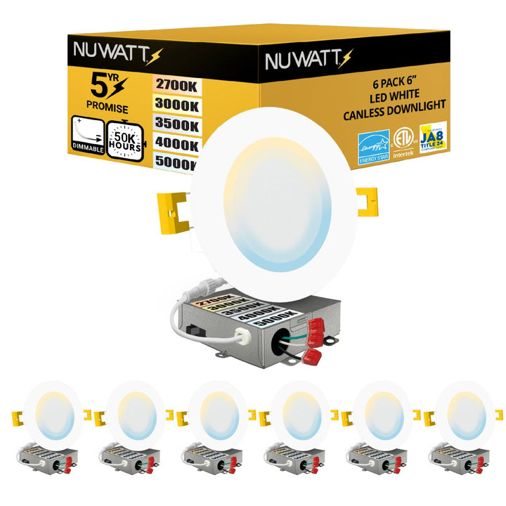 6" Inch Canless Recessed Lighting Slim LED Wafer Lights - Wet Rated - 5CCT 2700K-5000K - 1050LM
