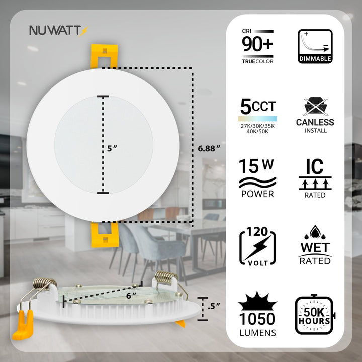 6" Inch Canless Recessed Lighting Slim LED Wafer Lights - Wet Rated - 5CCT 2700K-5000K - 1050LM