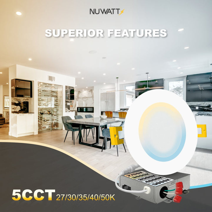 6" Inch Canless Recessed Lighting Slim LED Wafer Lights - Wet Rated - 5CCT 2700K-5000K - 1050LM
