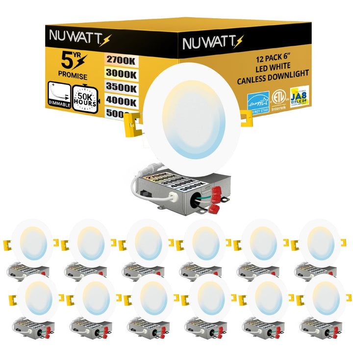 6" Inch Canless Recessed Lighting Slim LED Wafer Lights - Wet Rated - 5CCT 2700K-5000K - 1050LM