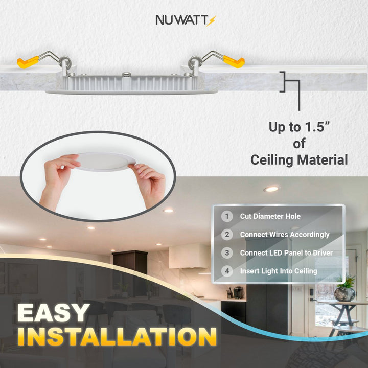 6" Inch Canless Recessed Lighting Slim LED Wafer Lights - Wet Rated - 5CCT 2700K-5000K - 1050LM