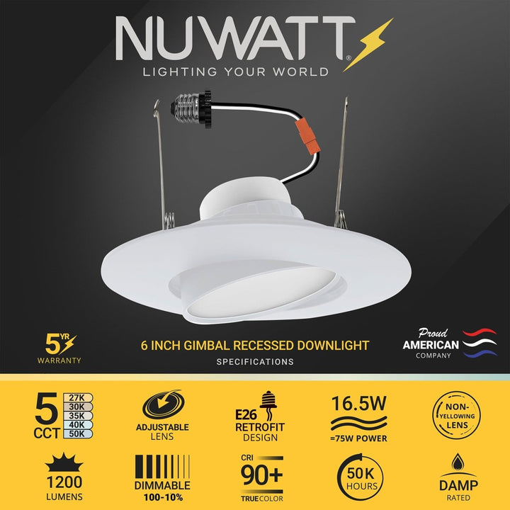 5/6" Inch Adjustable Can Lights Sloped Ceiling Recessed Lighting - Damp Rated - 5CCT 2700K-5000K - 1200LM