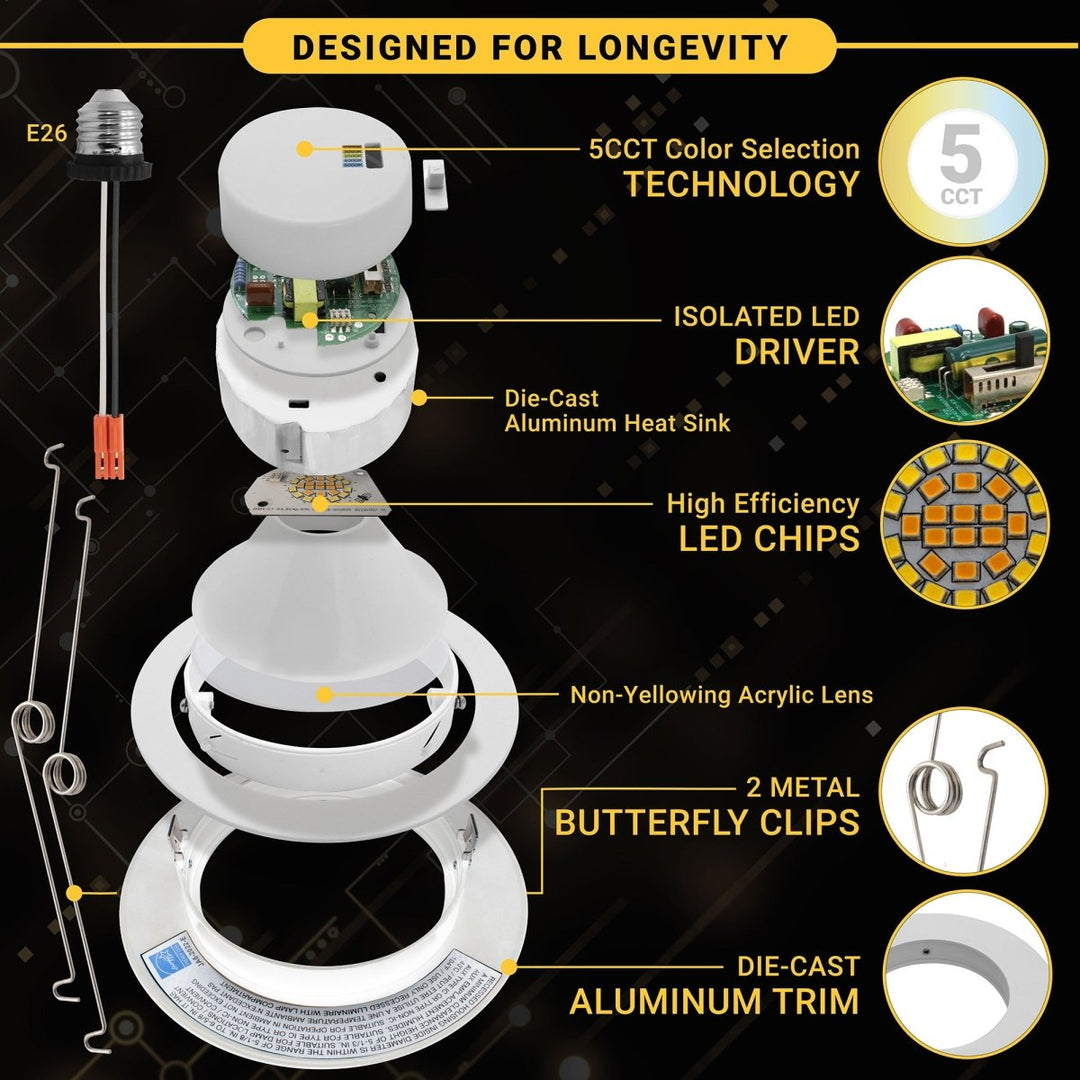 5/6" Inch Adjustable Can Lights Sloped Ceiling Recessed Lighting - Damp Rated - 5CCT 2700K-5000K - 1200LM