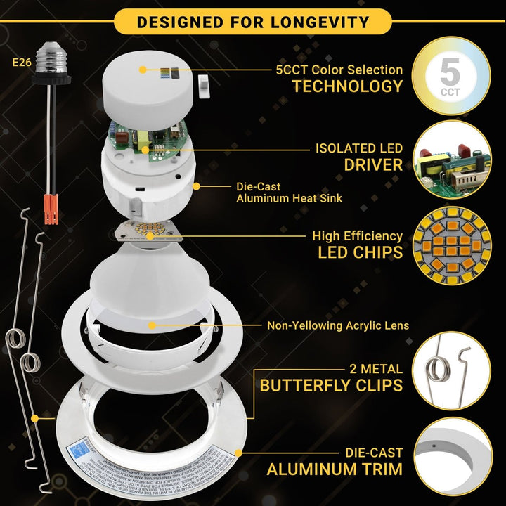 5/6" Inch Adjustable Can Lights Sloped Ceiling Recessed Lighting - Damp Rated - 5CCT 2700K-5000K - 1200LM