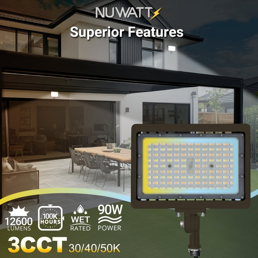 90W Bronze Flood Light LED Outdoor Security Lights - Waterproof - 3CCT 3000K-5000K - 12600LM - Knuckle Mount