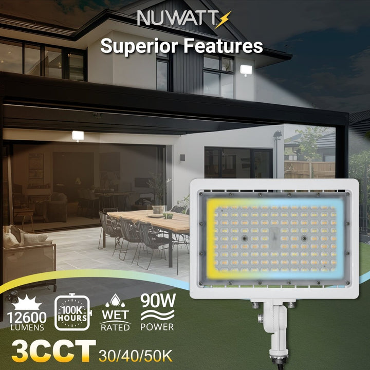 90W LED Flood Lights Outdoor Security Lighting - Waterproof - 3CCT 3000K-5000K - 12600LM - Knuckle Mount