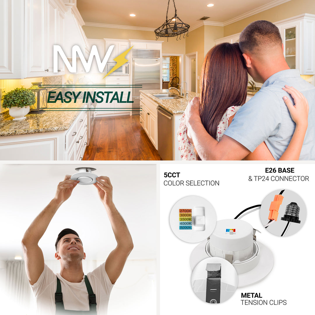 4 Inch LED Gimbal Recessed Lighting for Sloped Ceilings - 5CCT 2700-5000K - 750LM - 90 CRI Adjustable Can Lights - 10W - Wet Location Rated Aluminum Housing
