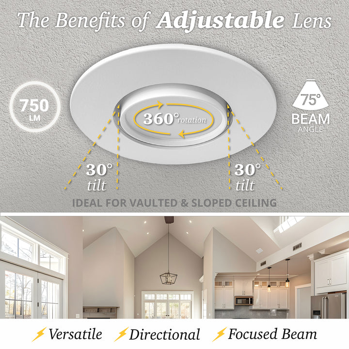 4 Inch LED Gimbal Recessed Lighting for Sloped Ceilings - 5CCT 2700-5000K - 750LM - 90 CRI Adjustable Can Lights - 10W - Wet Location Rated Aluminum Housing