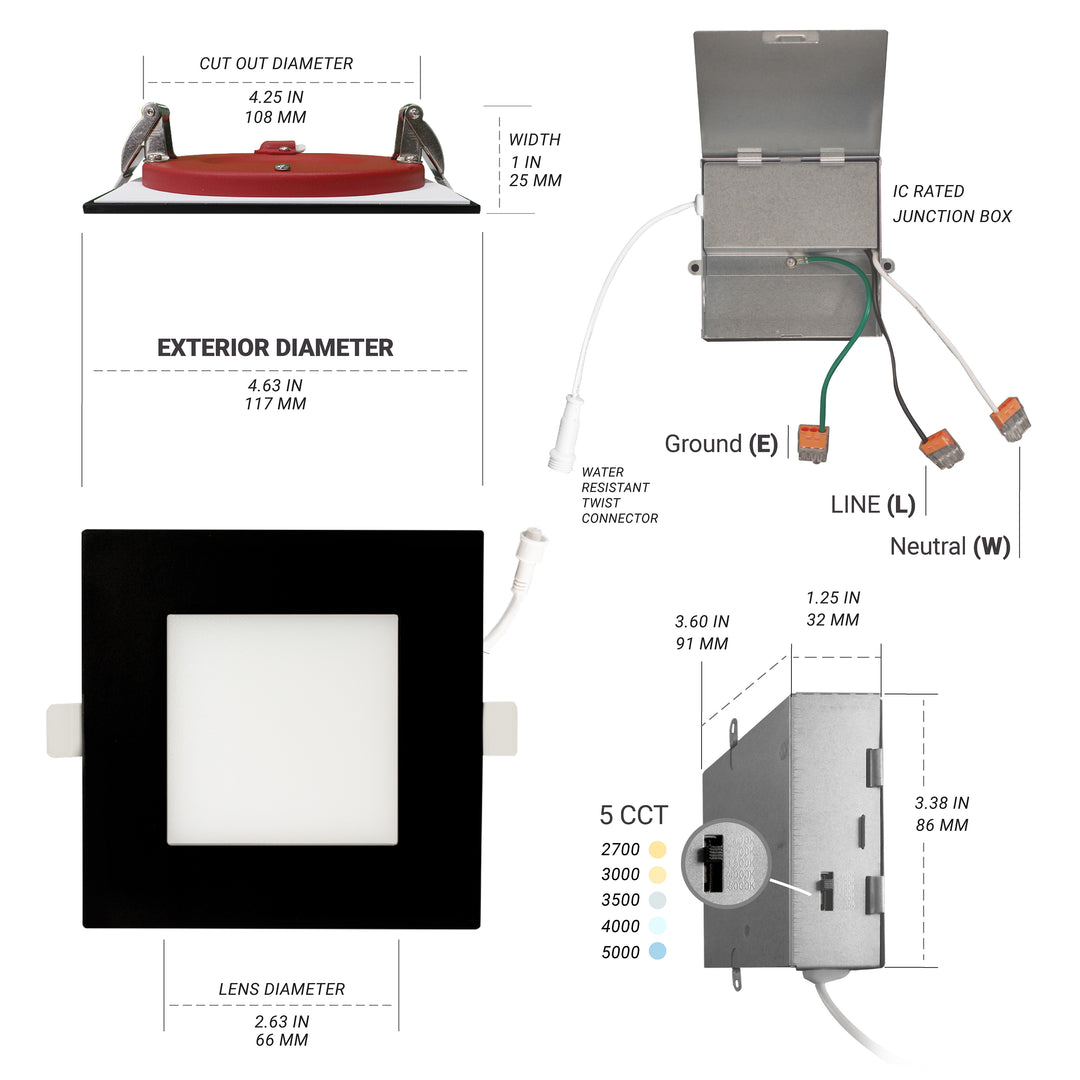 4" Inch Square Black 2 Hour Fire Rated Recessed Light Slim Canless LED Wafer Lights - Wet Rated - 5CCT 2700K-5000K - 900LM