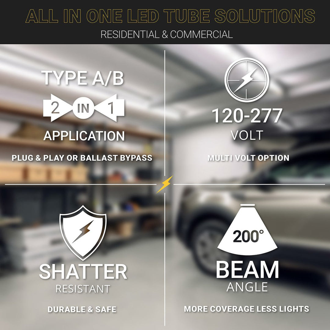 T8 LED Tube Lights 4FT - 3000K - Type A&B - Plug and Play or Ballast Bypass - 18W - 2200LM - Double Ended - 30 Pack