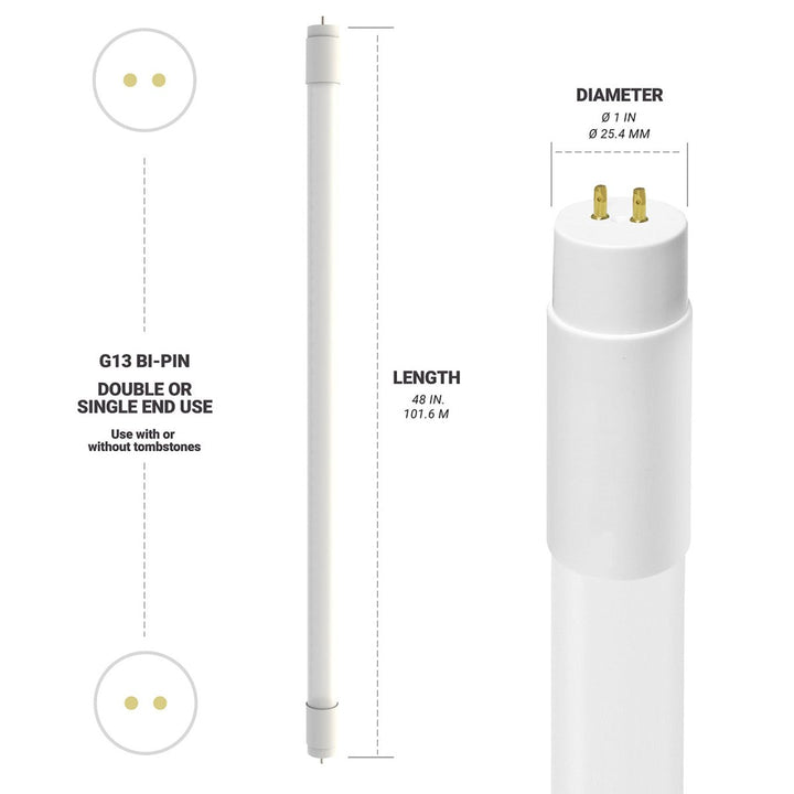 T8 LED Tube Lights 4FT - 3000K - Type A&B - Plug and Play or Ballast Bypass - 18W - 2200LM - Double Ended - 30 Pack