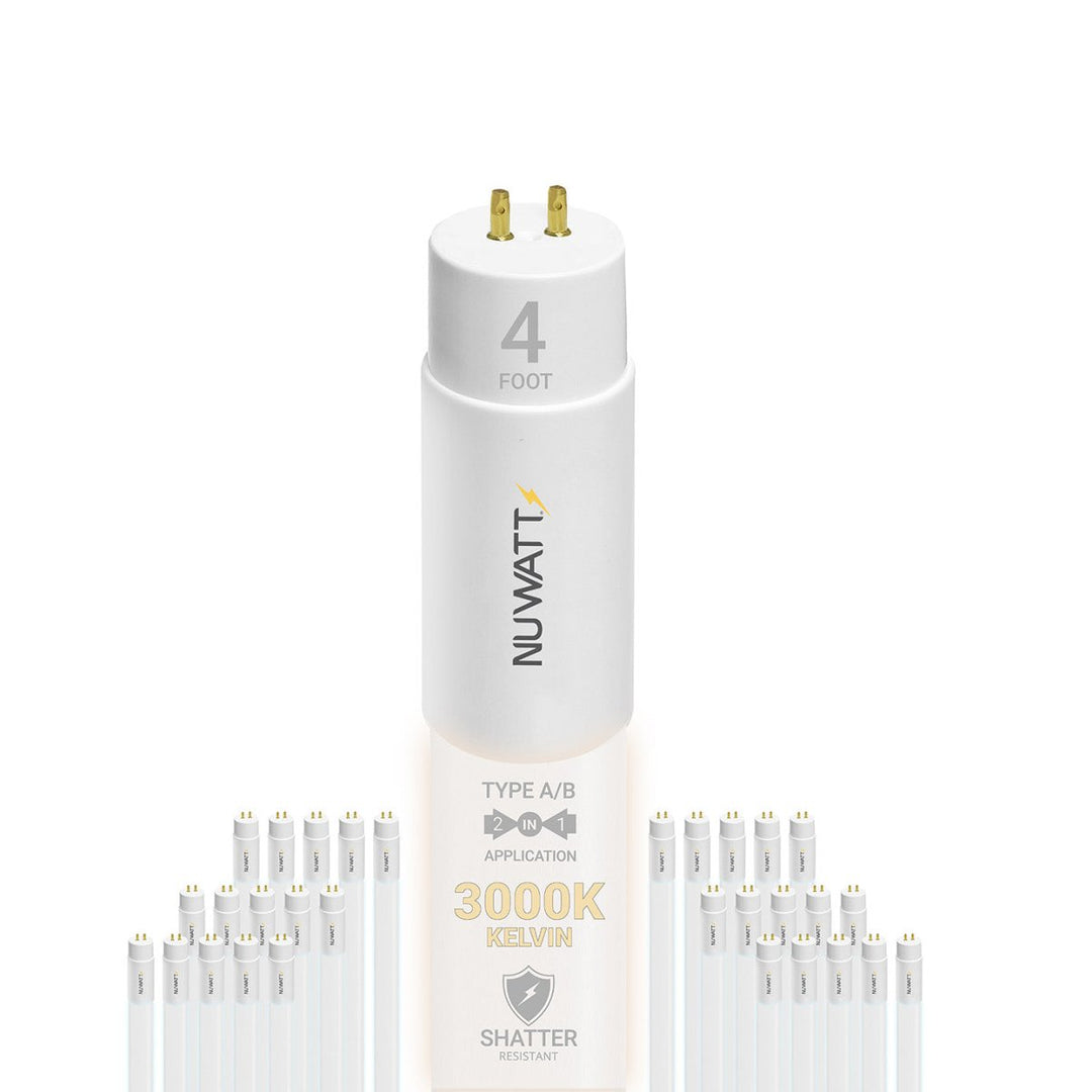 T8 LED Tube Lights 4FT - 3000K - Type A&B - Plug and Play or Ballast Bypass - 18W - 2200LM - Double Ended - 30 Pack