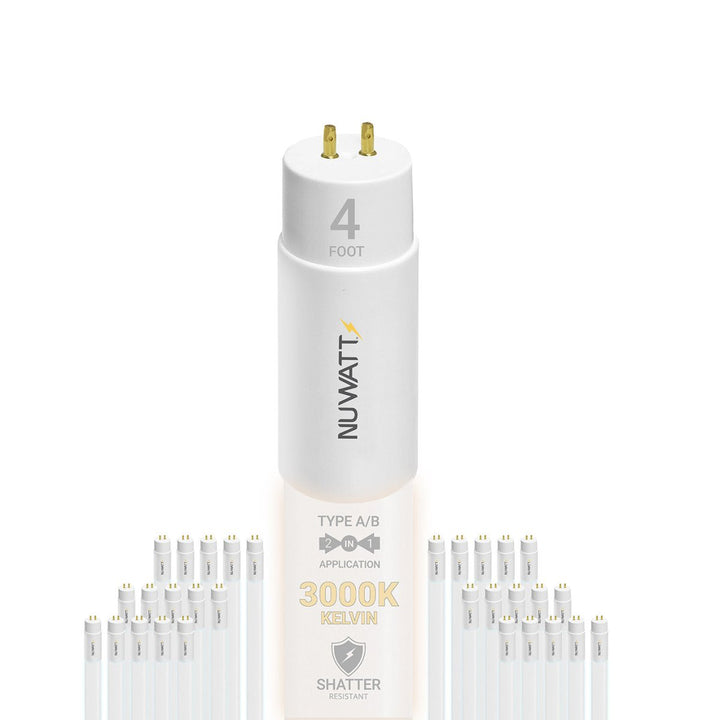 T8 LED Tube Lights 4FT - 3000K - Type A&B - Plug and Play or Ballast Bypass - 18W - 2200LM - Double Ended - 30 Pack