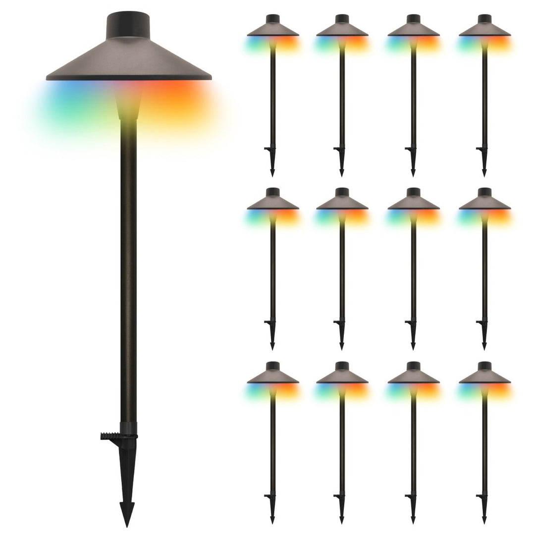 Outdoor Low Voltage Pathway Lighting, Color Changing 5 CCT + RGB Color Scenes, Bronze Finish With Traditional Hat