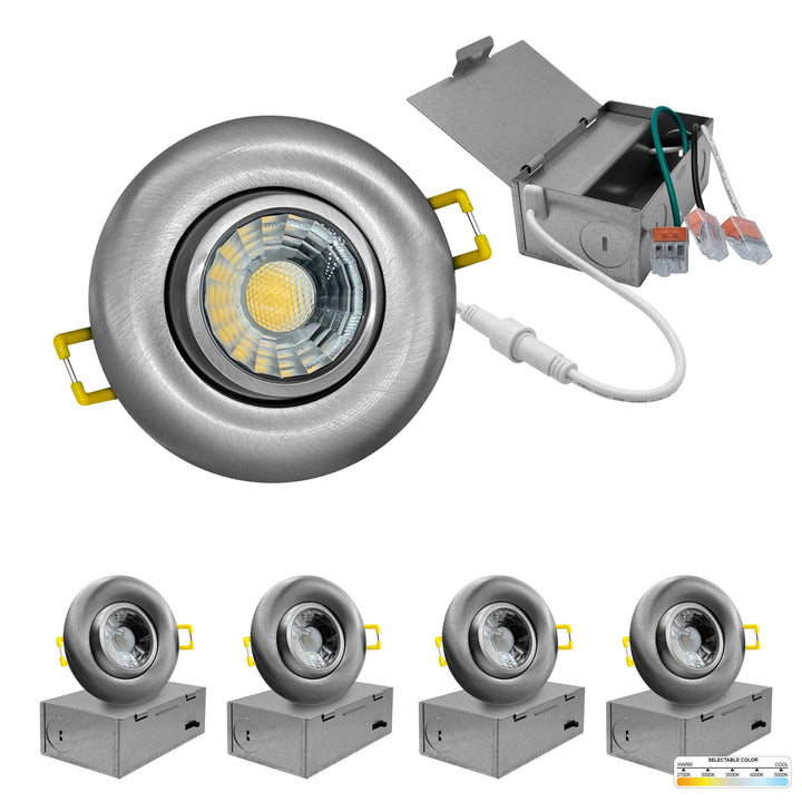 3" Inch Brushed Nickel Recessed LED Gimbal Canless Downlight - 5 Kelvin Temperatures (5CCT) - 8 Watts - 600 Lumens - Dimmable | Canless Gimbal | Nuwatt Lighting