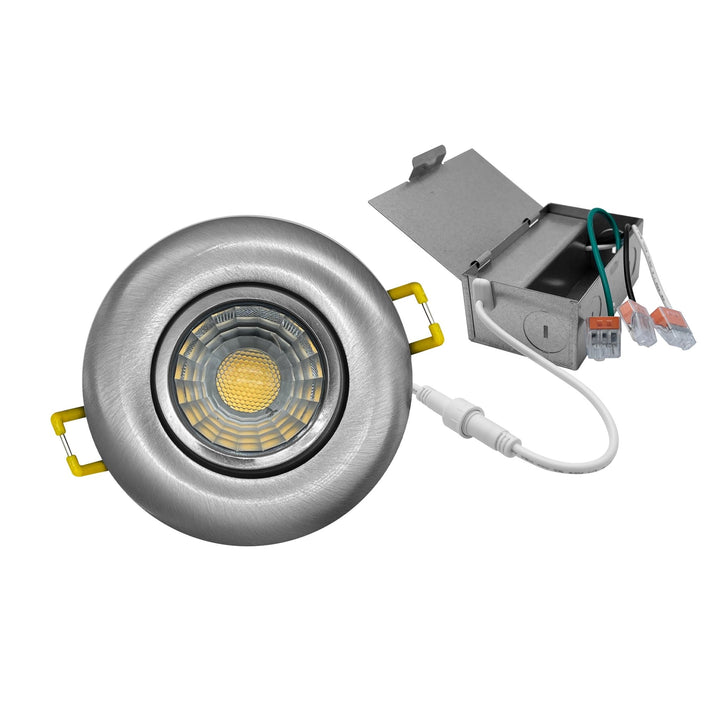 3" Inch Brushed Nickel Recessed LED Gimbal Canless Downlight - 5 Kelvin Temperatures (5CCT) - 8 Watts - 600 Lumens - Dimmable | Canless Gimbal | Nuwatt Lighting