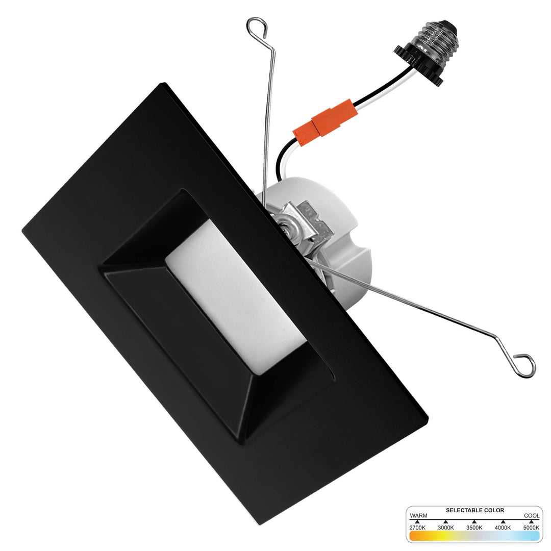 6" Inch Black Square Retrofit LED Recessed Downlight - 5 Kelvin Temperatures (5CCT) - 14 Watt - 1100 Lumens - Dimmable | Square Retrofit | Nuwatt Lighting