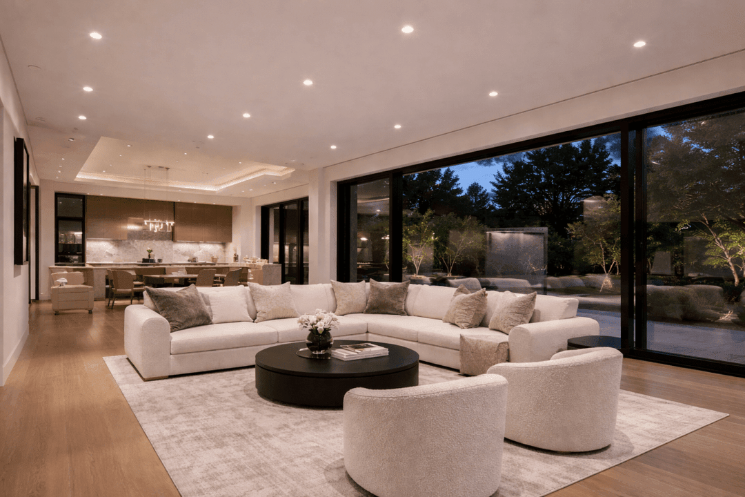 luxury living space lit up by NuWatt high end recessed lights