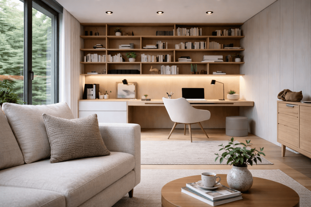 Living room home office with wood tones complemented by NuWatt black trim recessed lights