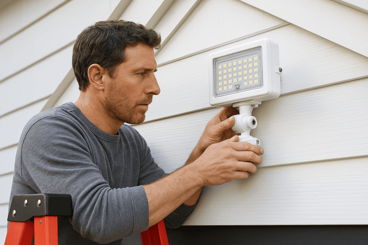LED floodlight installation on residential wall with motion sensor