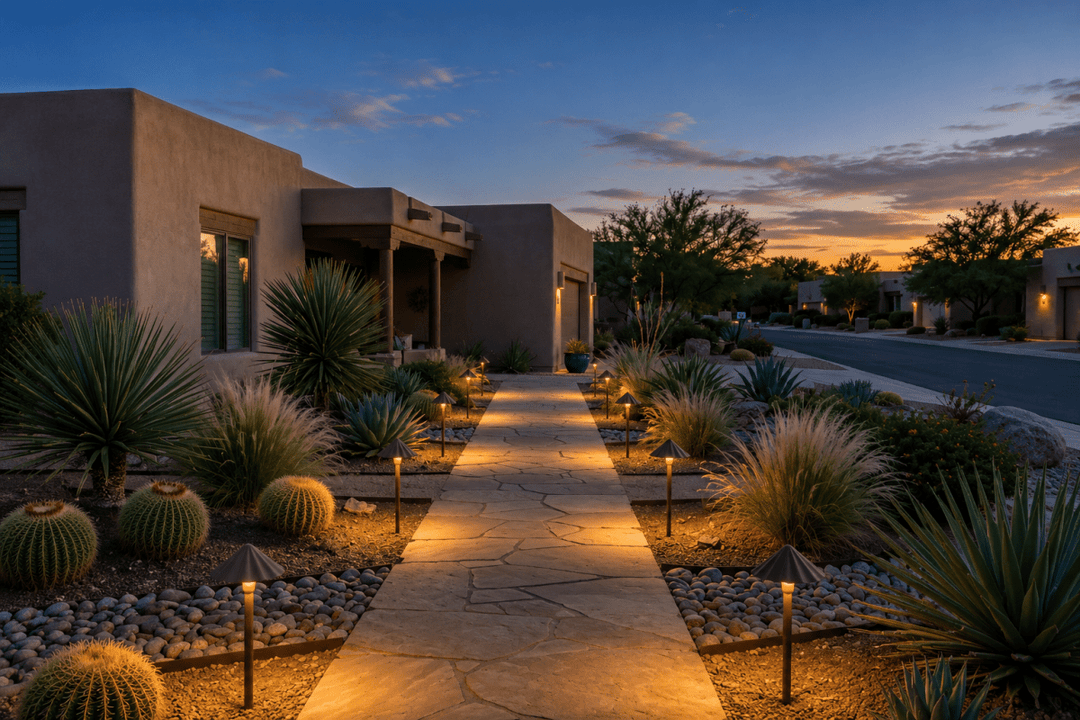 Twilight desert home with NuWatt landscape LED pathway lights