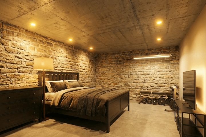 Basement bedroom with NuWatt ambient, task and accent lights.