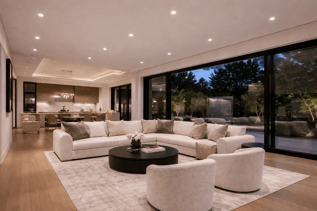 luxury living space lit up by NuWatt high end recessed lights